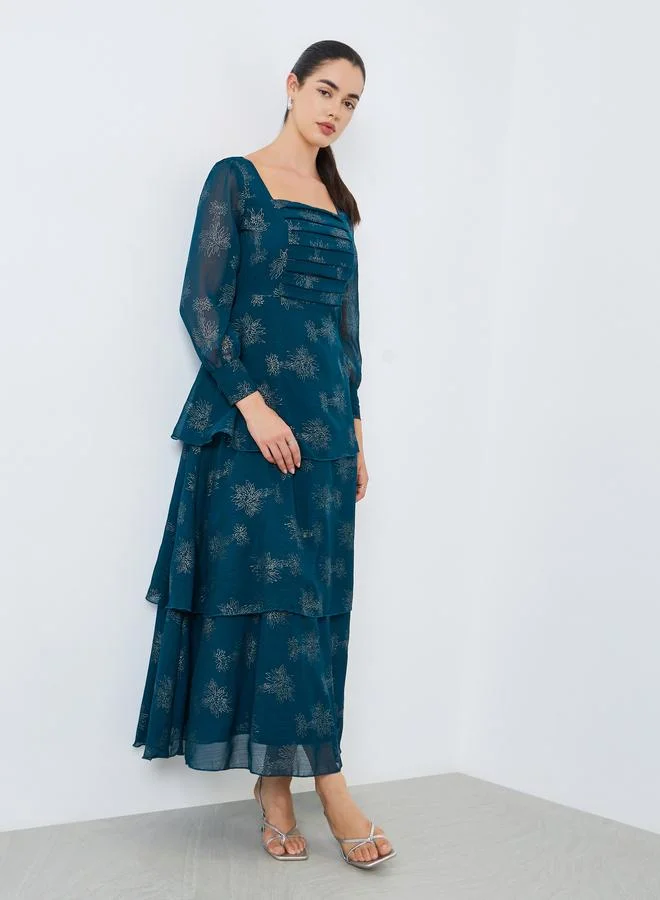 Styli Women Teal Floral Print Tiered Maxi Dress